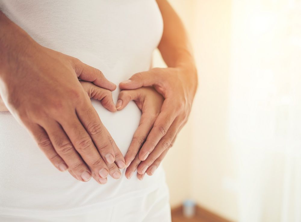 Pregnant Woman and Her Husband hand showing heart shape.